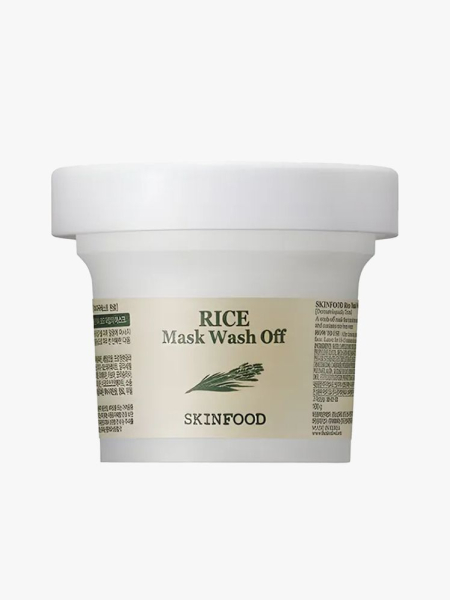 SkinFood Rice Mask Wash Off in branded tub component on a light gray background